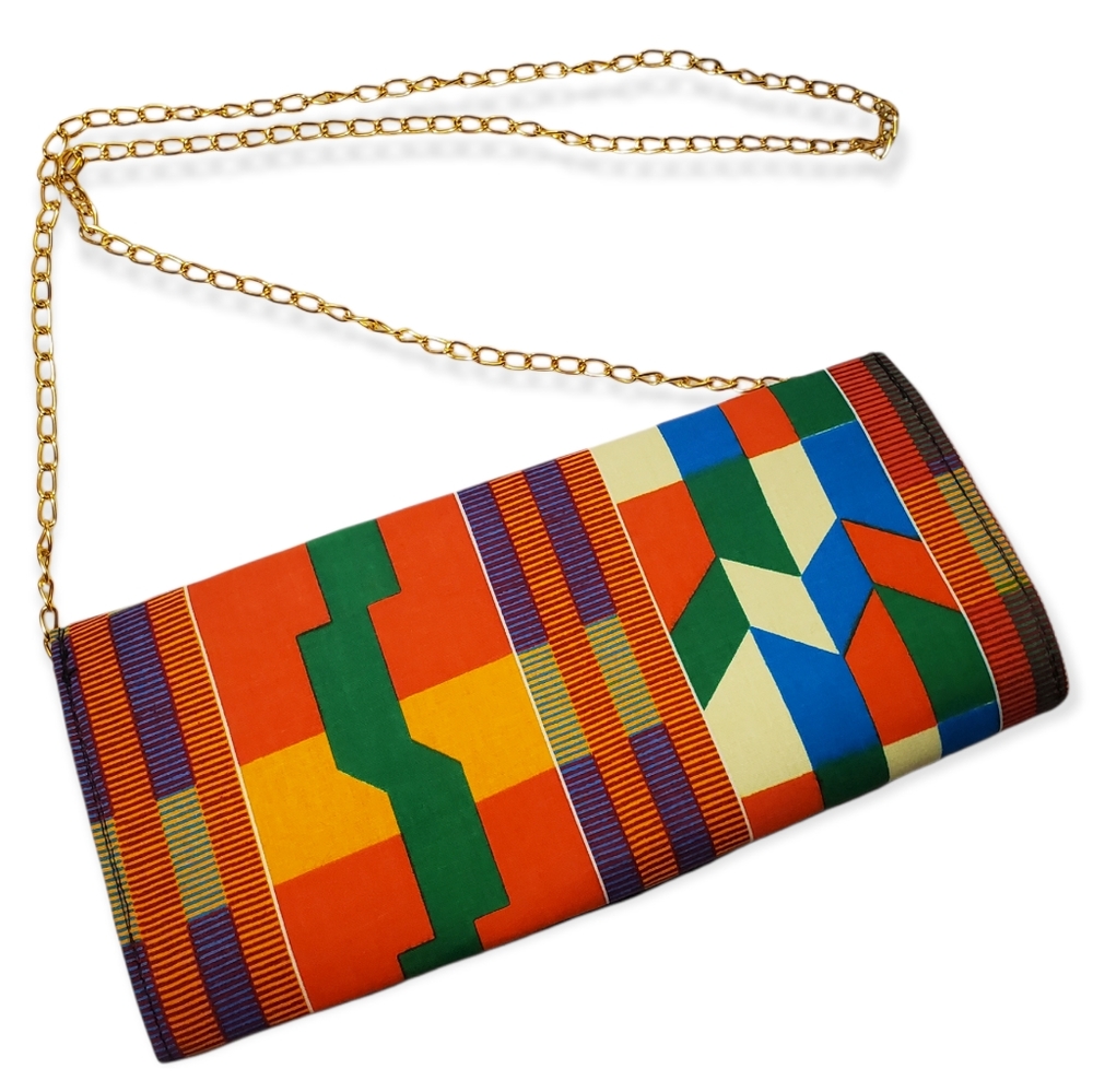African Tribal Multicolored Fabric Clutch Purse with Chain and Bow - Picture 3 of 6
